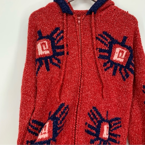 La Llama 100% Wool Full Zip Hand Knit Drop Shoulder Shacket Hoodie From Ecuador - Picture 5 of 16